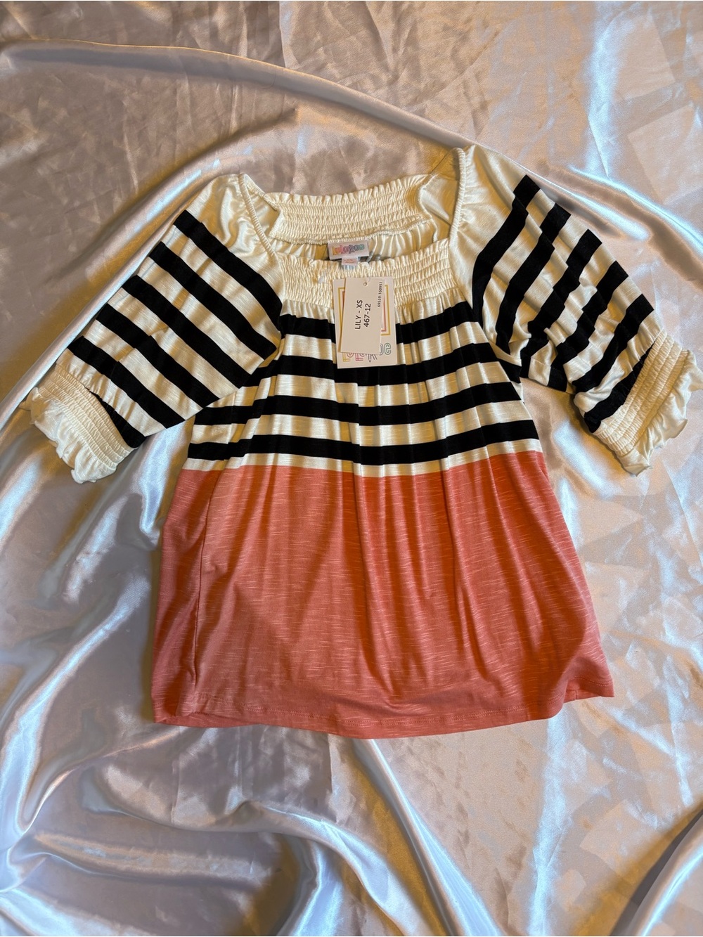 LuLaRoe Girls' Black & White Striped Top with Coral Panel